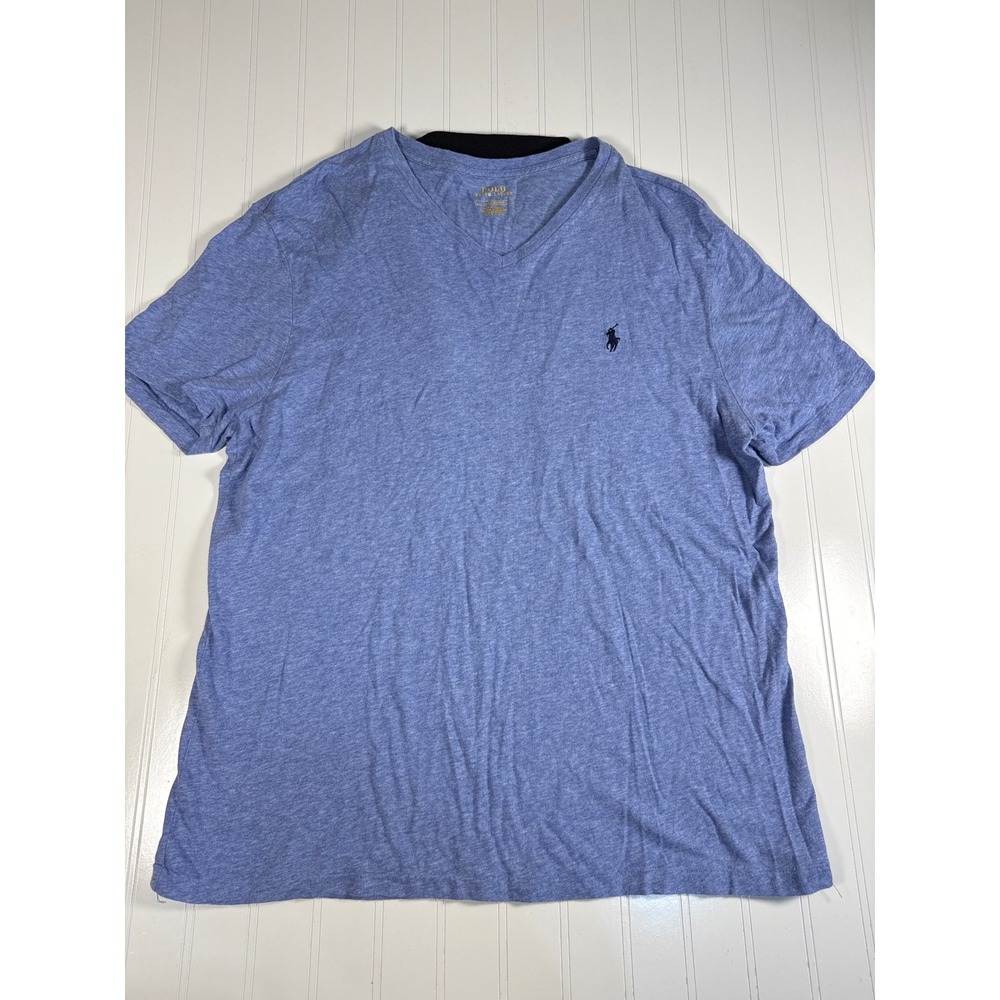 Polo Ralph Lauren Mens V-Neck T-Shirt Blue Heathered Short Sleeve Pony Logo L